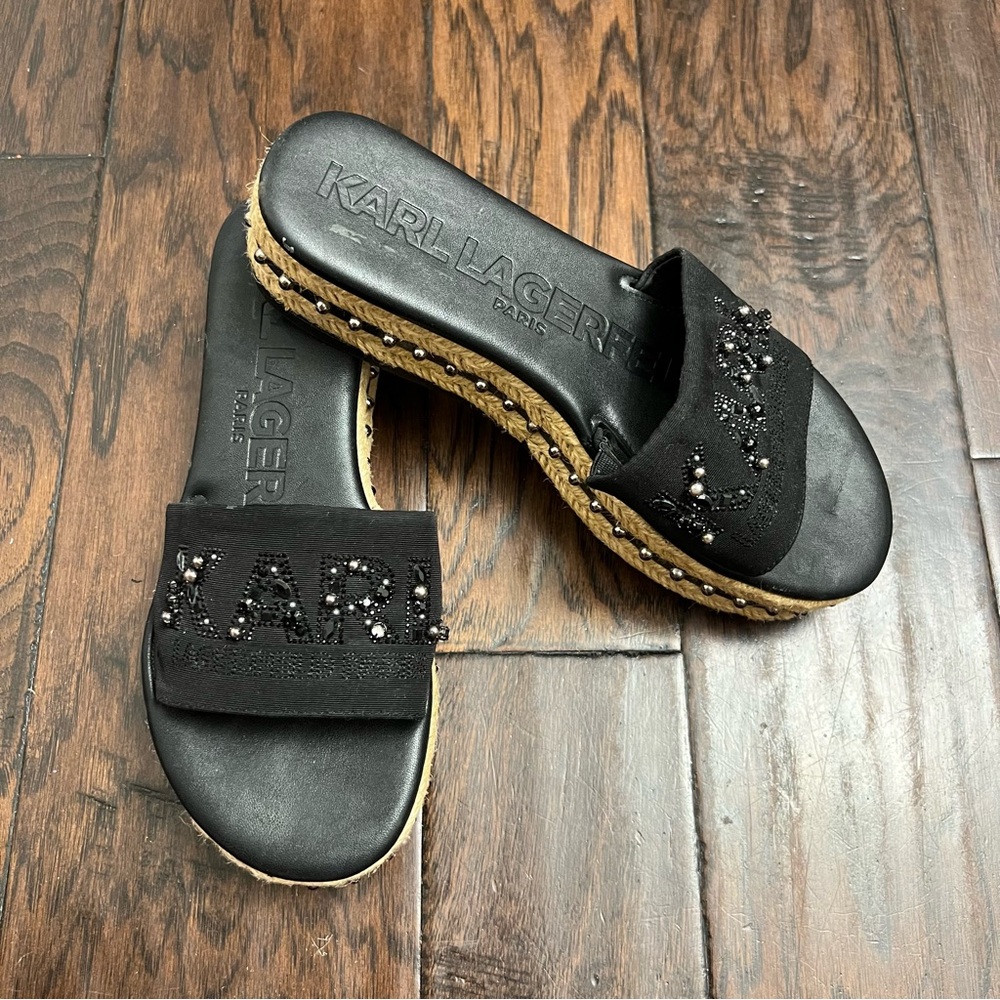 Karl Lagerfeld Kamara Pearl Embellished Slip on Rope Platform